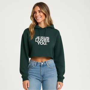 Jesus Loves You/Check Front For Good News Cropped Hoodie in Forest Green